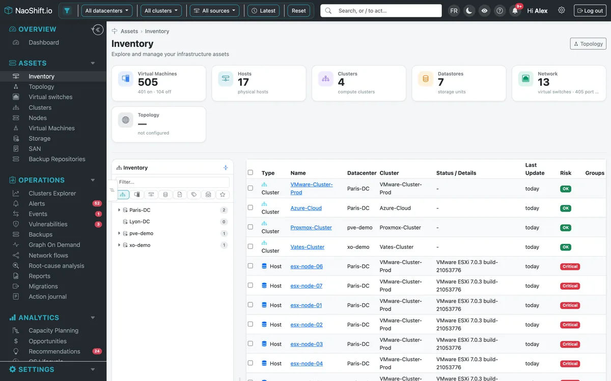 Inventaire consolidé : clusters VMware, Proxmox VE et XCP-ng dans un même arbre