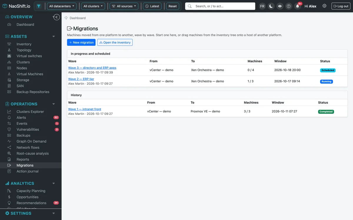 Migrations : vagues en cours, planifiées et terminées, de vCenter vers Proxmox VE et Xen Orchestra
