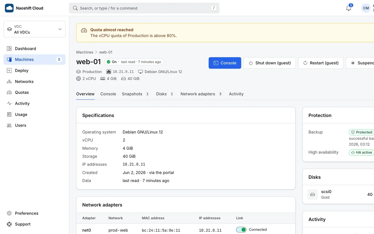 Portail client : fiche d'une machine, protection et gestes ouverts par l'hébergeur